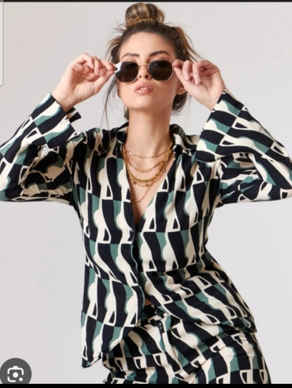 ZARA ,Stylish Black and Cream Geometric Design Button Up Shirt